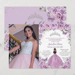 Quinceañera Lilac Purple Flowers Butterflies Crown Invitation