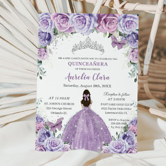 Quinceañera Lilac Purple Flowers Butterflies Crown Invitation