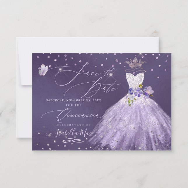 Quinceanera Lilac Purple Glitter Gown Invitation (Front)