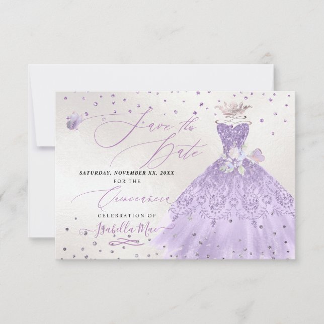 Quinceanera Lilac Purple Glitter Gown Save Date Invitation (Front)