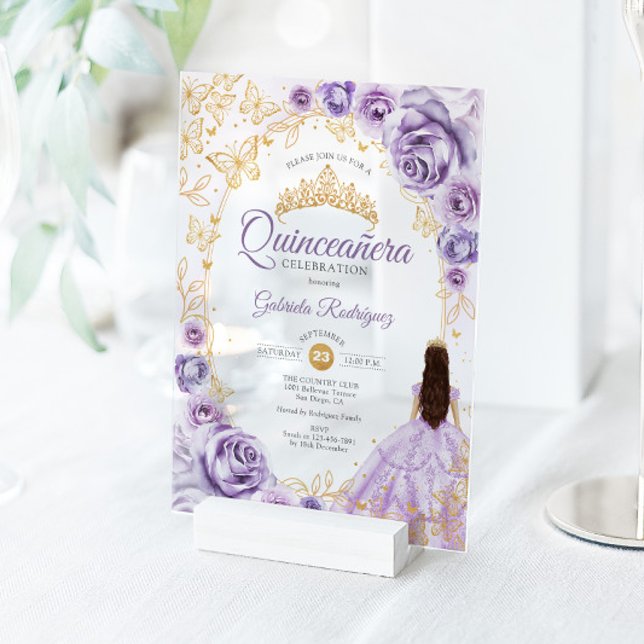 Quinceanera Lilac Purple Gold Floral Acrylic Invitations (Creator Uploaded)