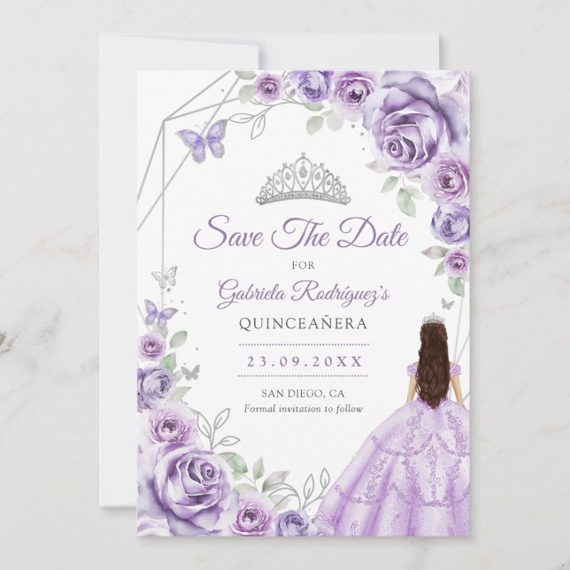Quinceanera Lilac Purple Roses Dress Silver Save The Date (Front)