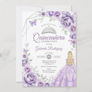 Quinceanera Lilac Purple Silver Blonde Girl Floral Invitation