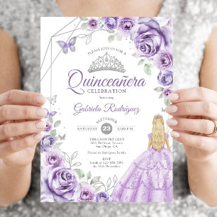 Quinceanera Lilac Purple Silver Blonde Girl Floral Invitation