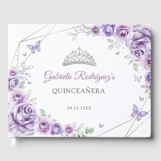 Quinceanera Lilac Purple Silver Floral Details Guest Book (Front)
