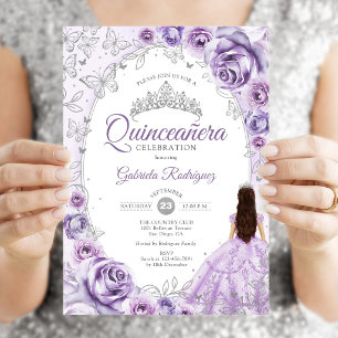 Quinceanera Lilac Purple Silver Floral Invitation