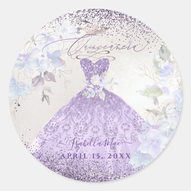 Quinceanera Lilac Purple Silver Glitter Gown Classic Round Sticker (Front)