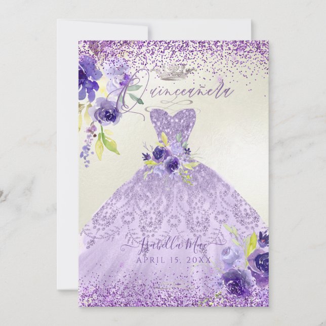 Quinceanera Lilac Purple Silver Glitter Gown Invit Invitation (Front)