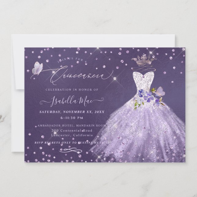 Quinceanera Lilac Purple Silver Glitter Gown Invit Invitation (Front)