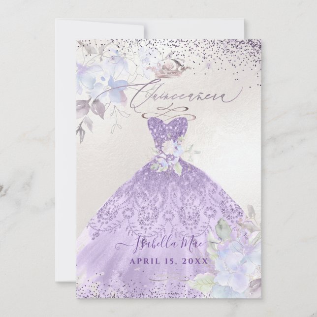 Quinceanera Lilac Purple Silver Glitter Gown Invitation (Front)