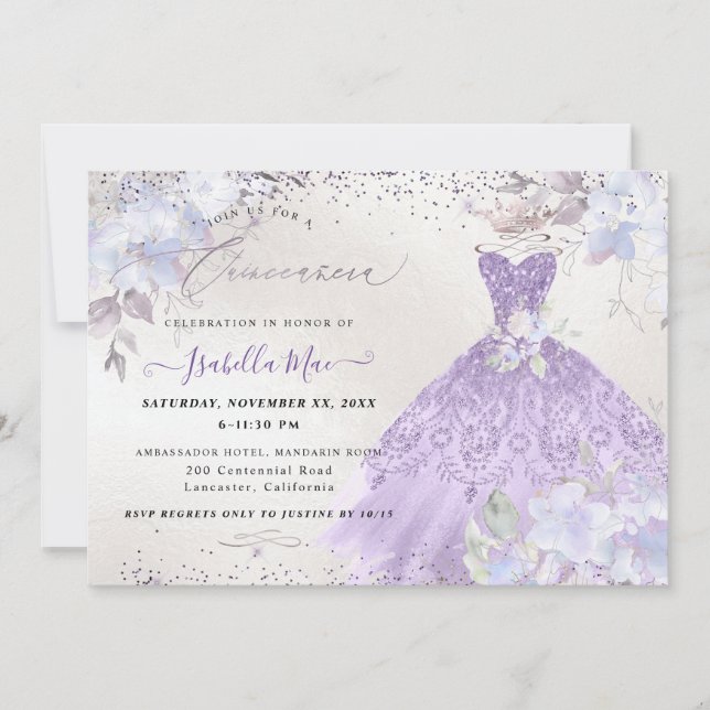 Quinceanera Lilac Purple Silver Glitter Gown Invitation (Front)