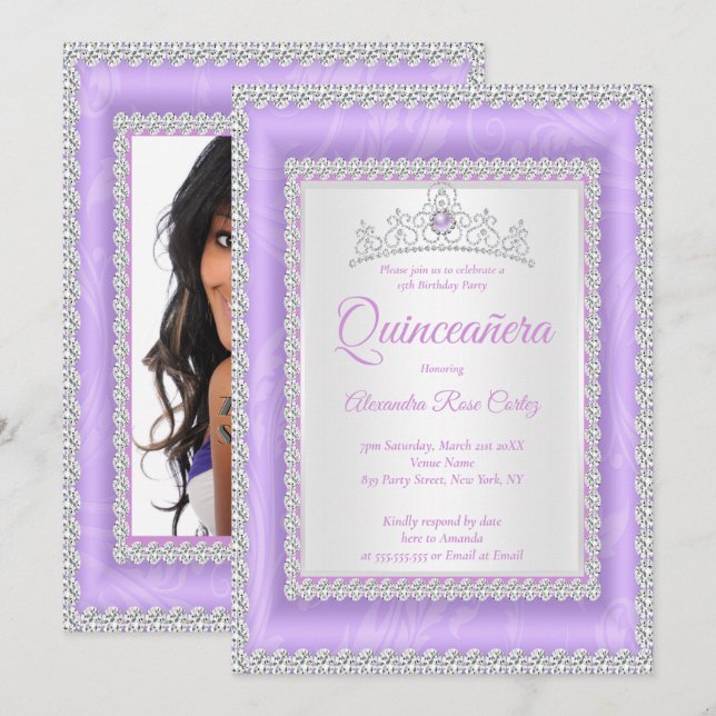 Quinceanera Lilac Tiara Photo Birthday Party Invitation (Front/Back)