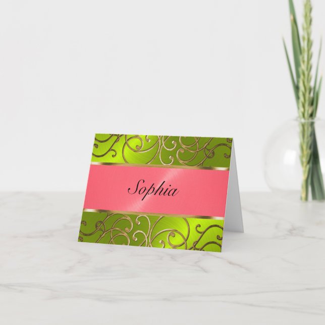 Quinceanera Lime Green Pink Gold Filigree Swirls Invitation (Front)