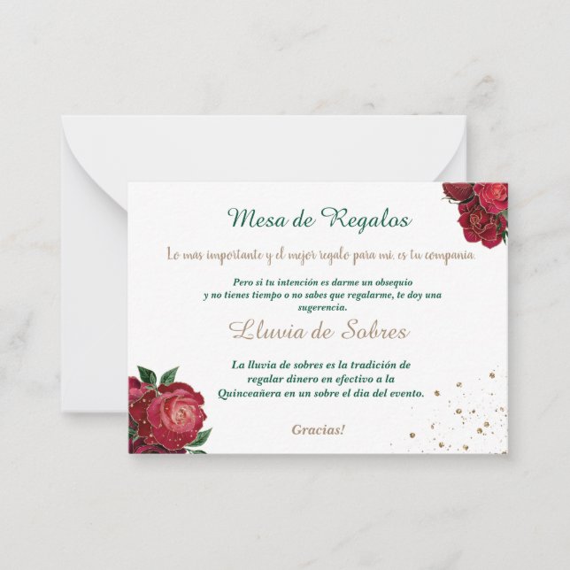 Quinceañera Lluvia de Sobres White, with Red Roses Card (Front)