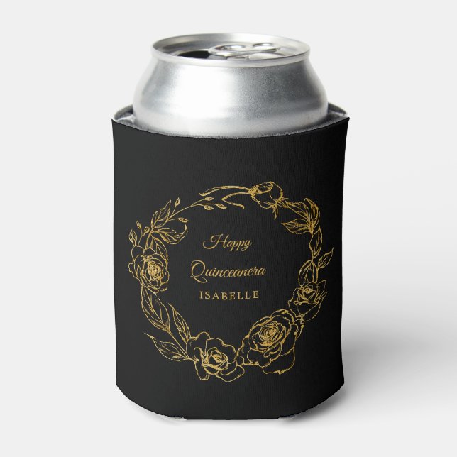 Quinceanera Luxe Gold Rose Personalised Black Can Cooler (Can Front)