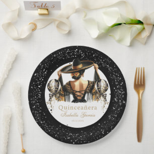 Quinceañera Luxury Black Gold Personalised Paper Plate