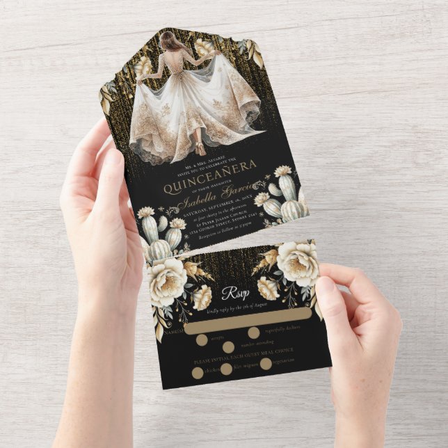 Quinceañera Luxury Black Ivory Gold rsvp All In One Invitation (Tearaway)