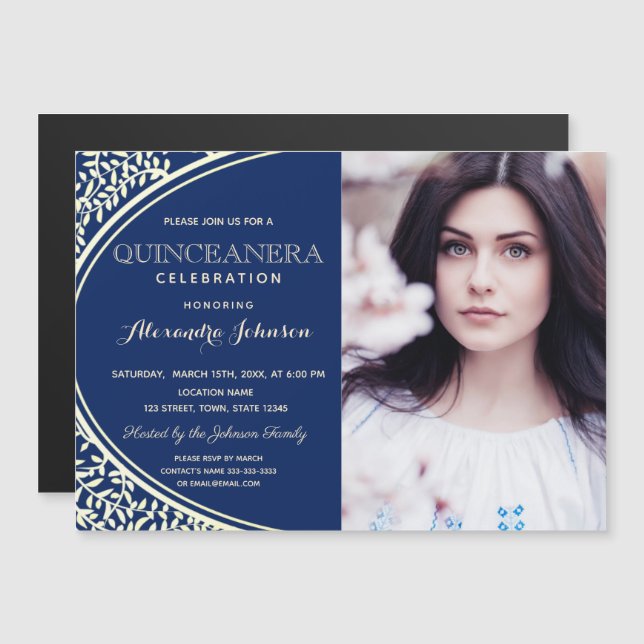 Quinceanera Luxury Elegant Royal Blue & Gold Photo Magnetic Invitation (Front/Back)