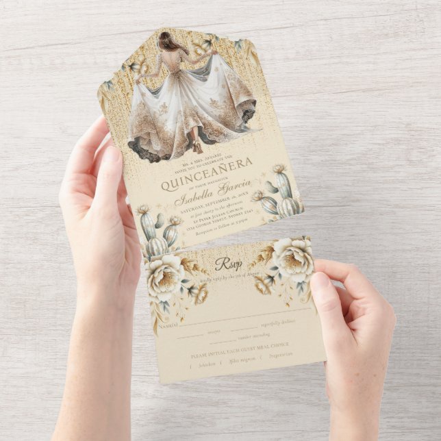 Quinceañera Luxury Ivory Gold Mexican Style rsvp All In One Invitation (Tearaway)