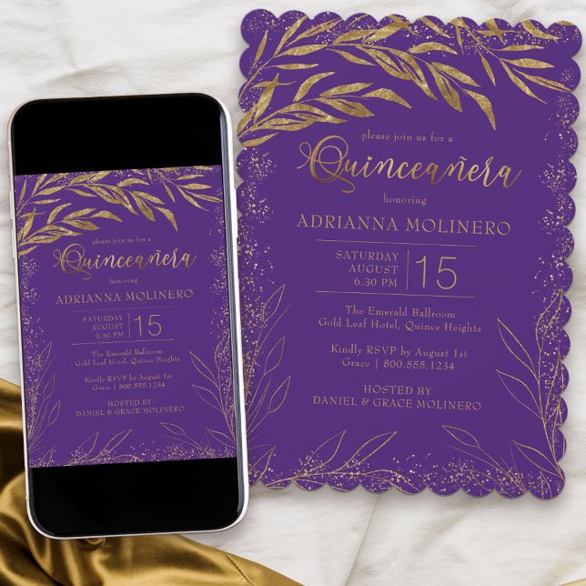 Quinceanera Luxury Purple and Gold Leaves Birthday Invitation (Modern Quinceanera invitation in purple from my Gold Leaf Collection)