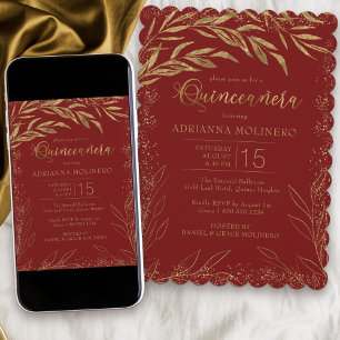 Quinceanera Luxury Red and Gold Leaves Invitation