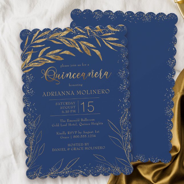 Quinceanera Luxury Royal Blue and Gold Leaves Invitation (Modern Quinceanera invitation in blue from my Gold Leaf Collection)
