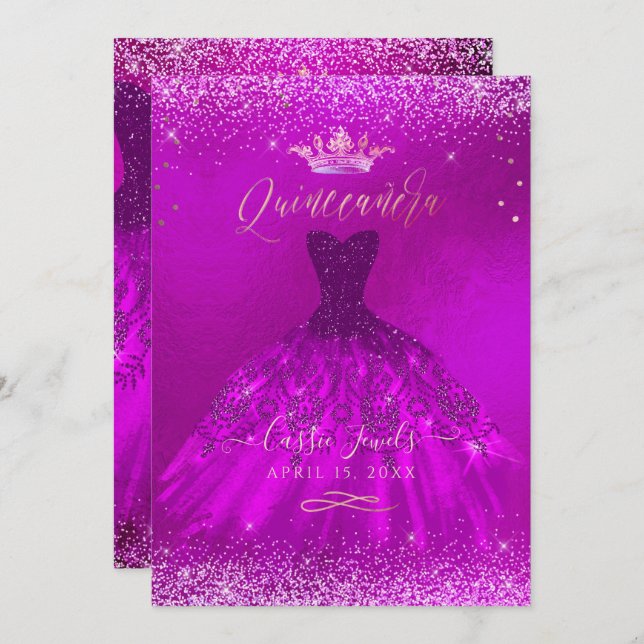 Quinceanera Magenta Gold Confetti+Princess Invitation (Front/Back)