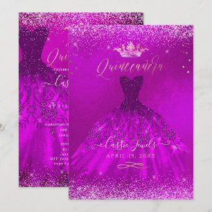 Quinceanera Magenta Gold Confetti+Princess Invitation