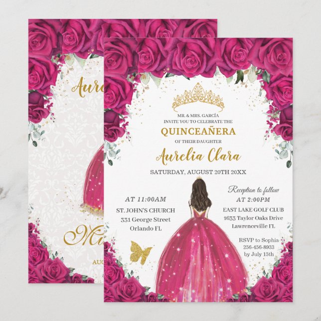 Quinceañera Magenta Hot Pink Floral Princess Gold  Invitation (Front/Back)