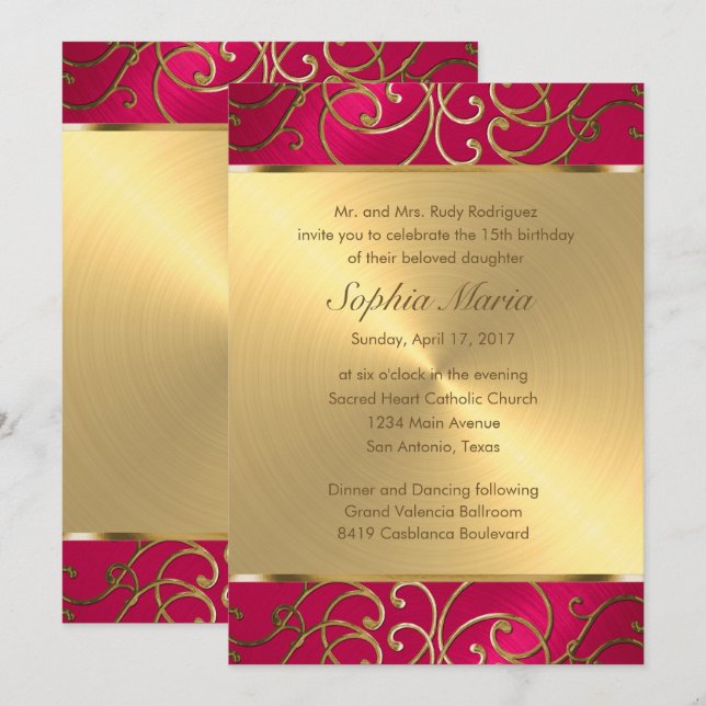 Quinceanera Magenta Pink and Gold Filigree Swirls Invitation (Front/Back)