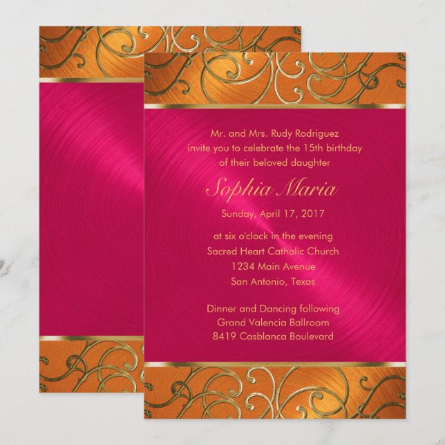 Quinceanera Magenta Pink Orange Gold Filigree Invitation (Front/Back)
