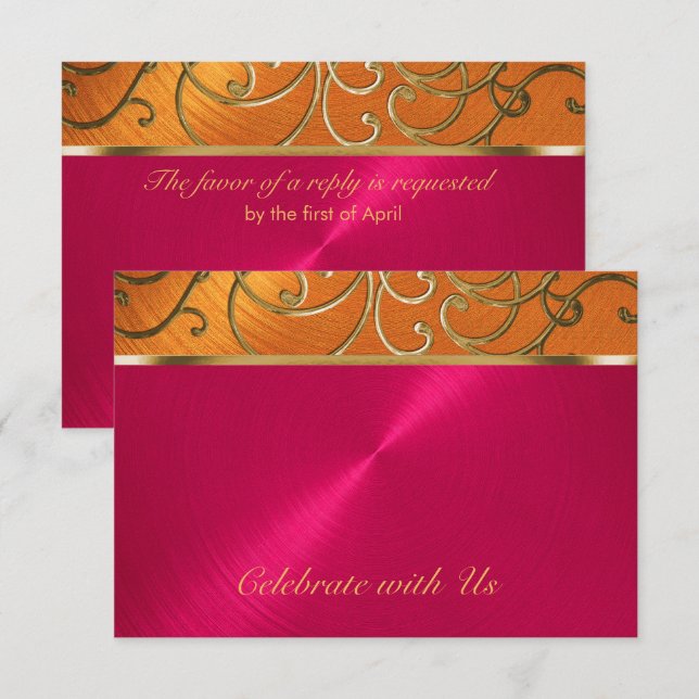 Quinceanera Magenta Pink Orange Gold Filigree Invitation (Front/Back)