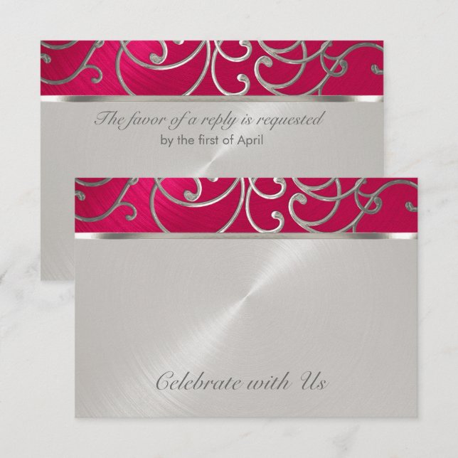Quinceanera Magenta Pink Silver Filigree Swirls Invitation (Front/Back)