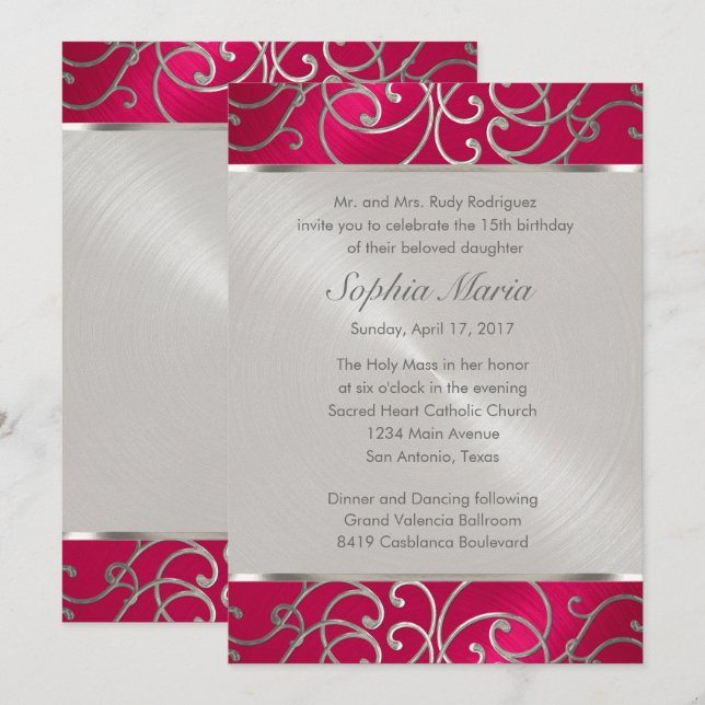 Quinceanera Magenta Pink Silver Filigree Swirls Invitation (Front/Back)