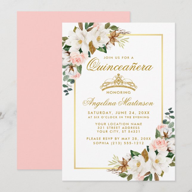 Quinceanera Magnolia Pink Roses Floral Gold Invitation (Front/Back)
