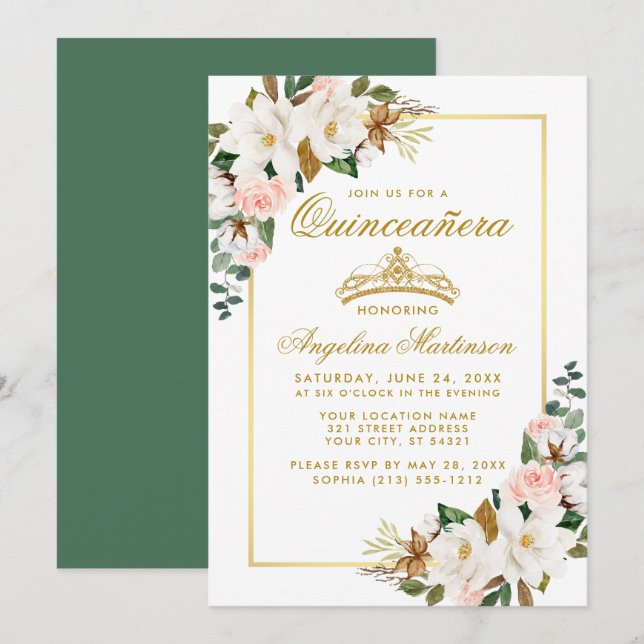 Quinceanera Magnolia Rose Floral Gold Green Invitation (Front/Back)