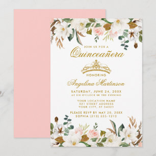 Quinceanera Magnolias Pink Roses Floral Invitation