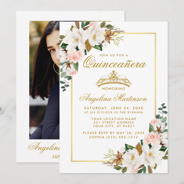 Quinceanera Magnolias Roses Floral Gold Photo Invitation (Front/Back)