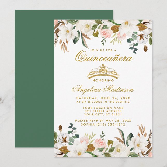 Quinceanera Magnolias Roses Floral Green Invitation (Front/Back)