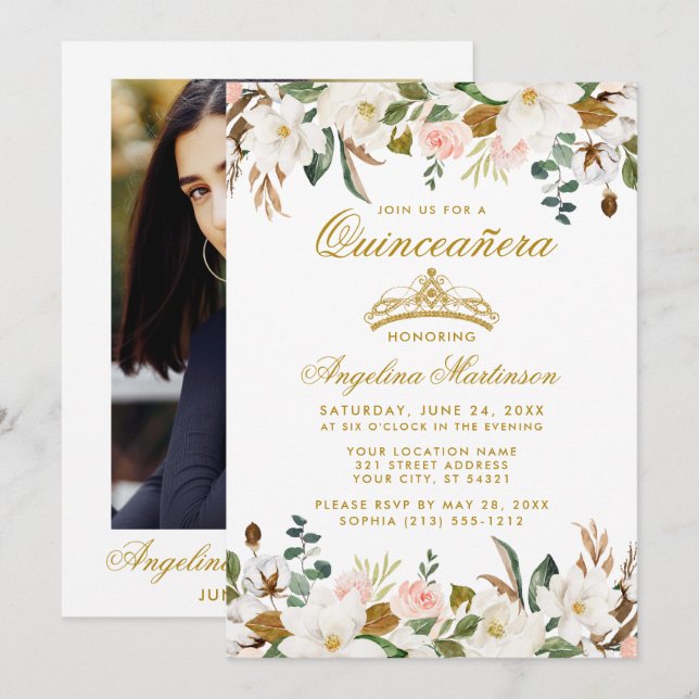 Quinceanera Magnolias Roses Floral Photo Invitation (Front/Back)