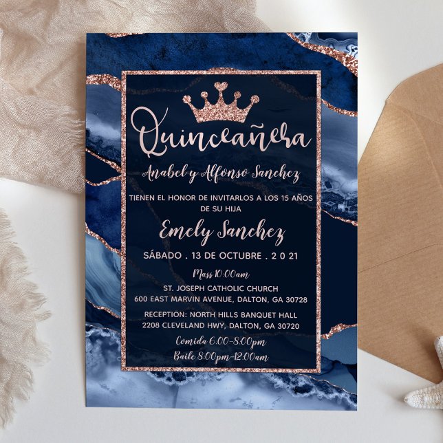 Quinceañera Marble Agate Navy Blue Photo Spanish Invitation (Creator Uploaded)