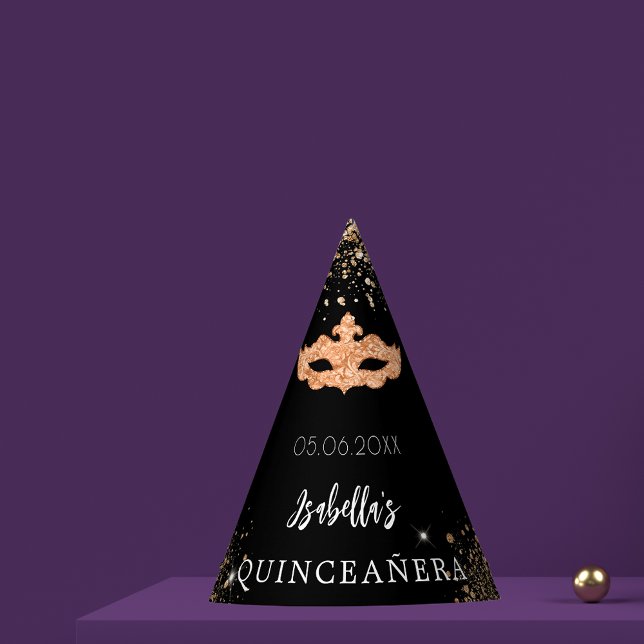Quinceanera masquerade black gold mask name party hat (Creator Uploaded)