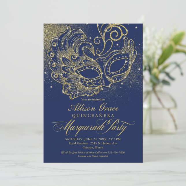 Quinceanera Masquerade Invitation Navy Blue Gold  (Standing Front)
