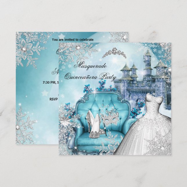 Quinceanera Masquerade Magical Princess Blue Invitation (Front/Back)