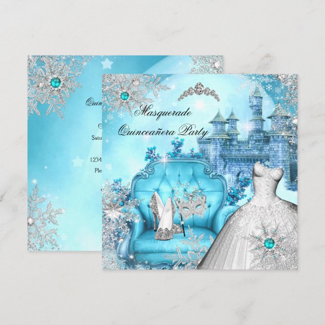 Quinceanera Masquerade Magical Princess Blue Teal Invitation (Front/Back)