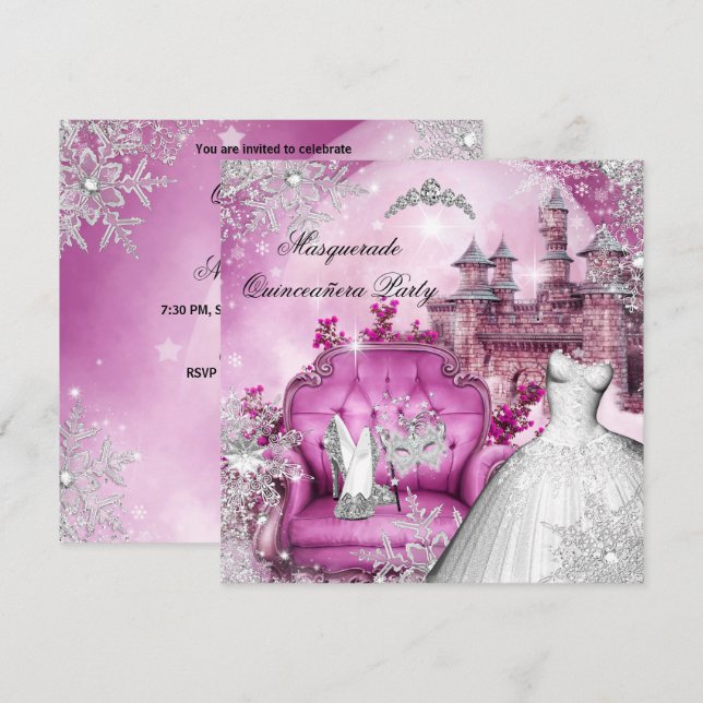 Quinceanera Masquerade Magical Princess Pink Invitation (Front/Back)