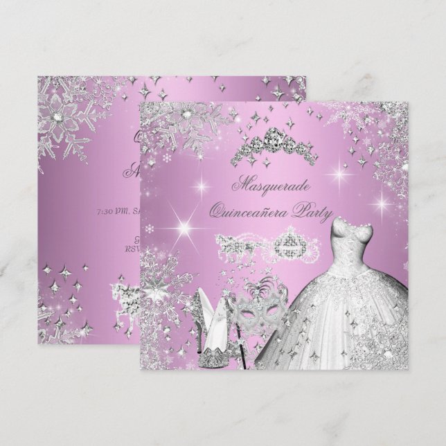 Quinceanera Masquerade Magical Princess Pink Invitation (Front/Back)