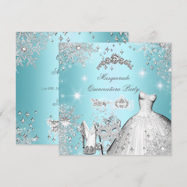Quinceanera Masquerade Magical Princess Teal Blue Invitation (Front/Back)