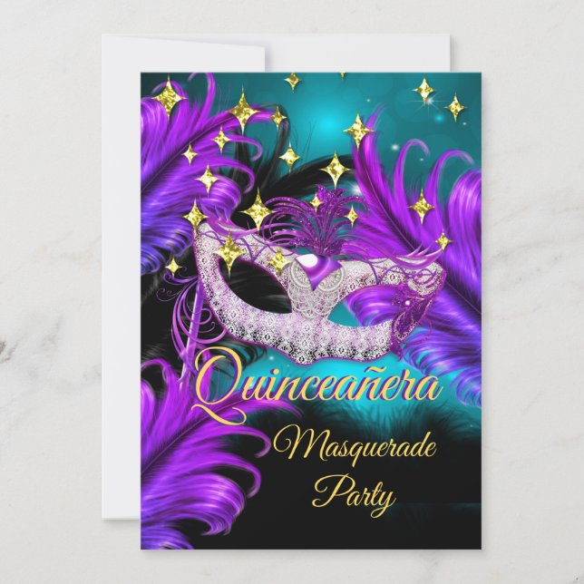 Quinceanera Masquerade mask Teal Purple black Invitation (Front)