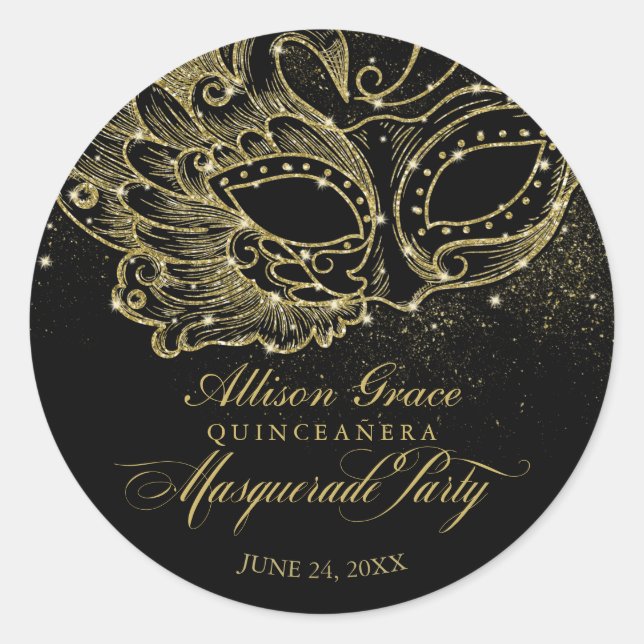 Quinceanera Masquerade Party Gold Black Classic Round Sticker (Front)